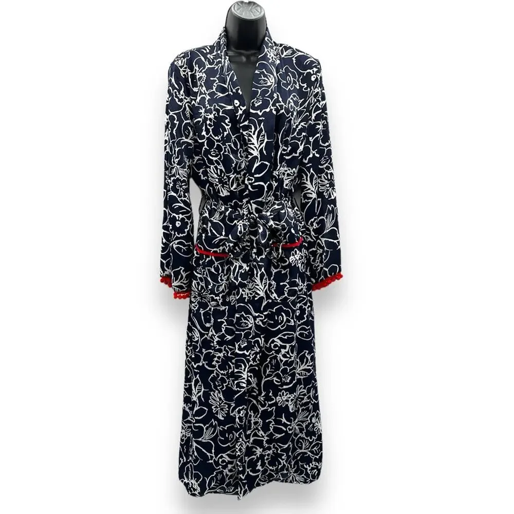Misa Azores Tasseled Navy Blue & White Floral Long Sleeve Tie Long Kimono XS NEW